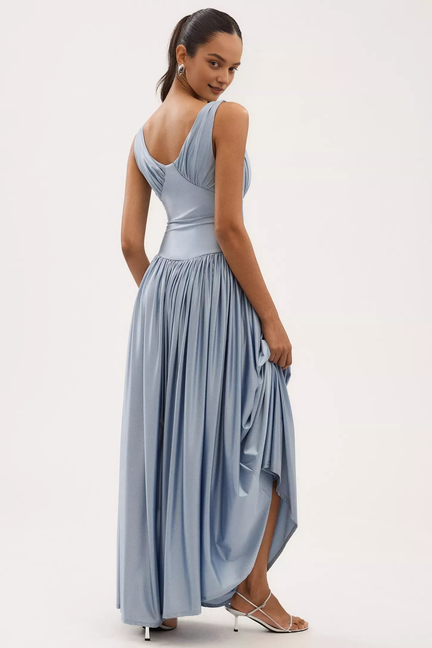 Robe Weitese trapèze en satin sans manches, robe longue à taille basque, robe de bal plissée